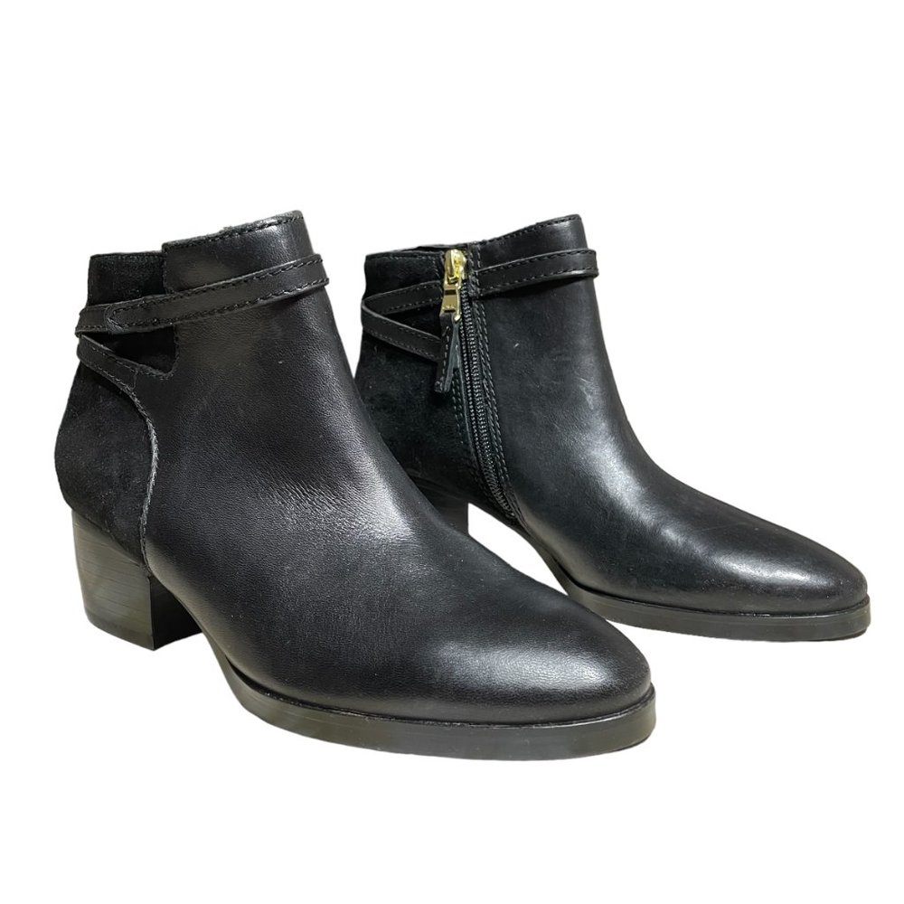 Ralph Lauren Leather Ankle Boots 5.5 Suede Block Heel Almond Toe Strap Harness